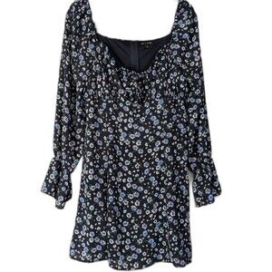As U Wish XL Navy Floral Dress Bell Sleeve Zip Up Lined Cottagecore Dark Fairy